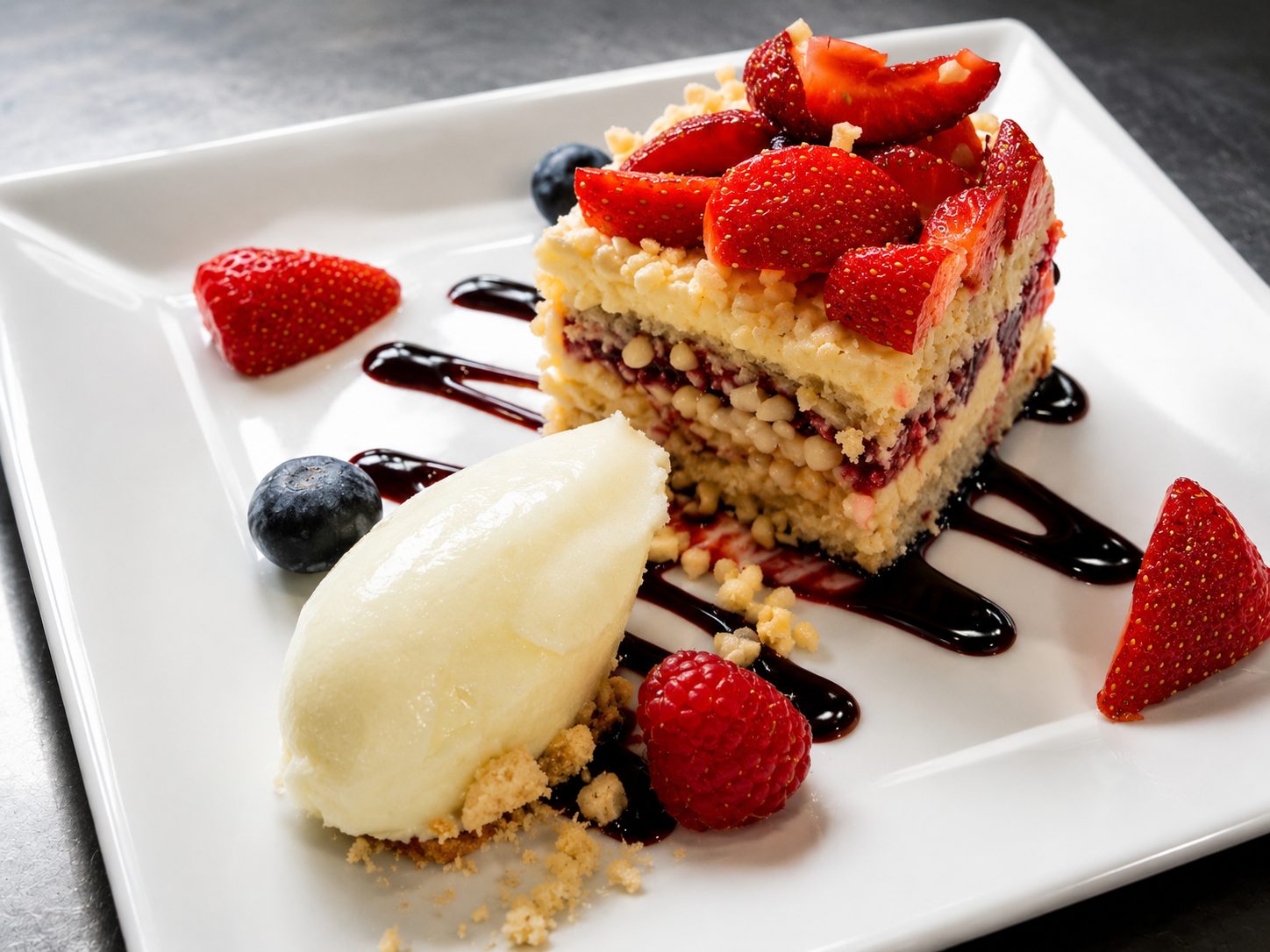 Gâteau aux fraises et sorbet